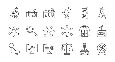 Fototapeta premium Line style Science Icons Featuring Laboratory Equipment And Molecular Structures
