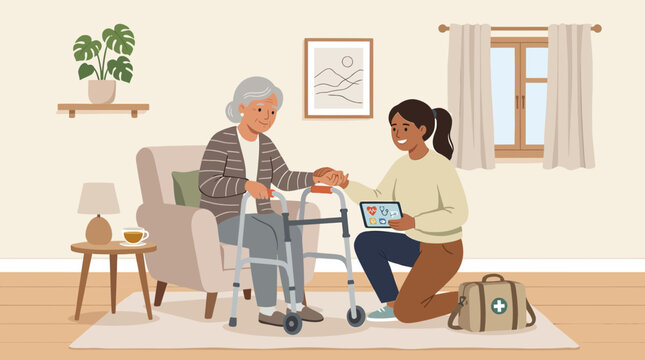 Elderly Woman with Walker Receives Care from Home Health Aide with Tablet