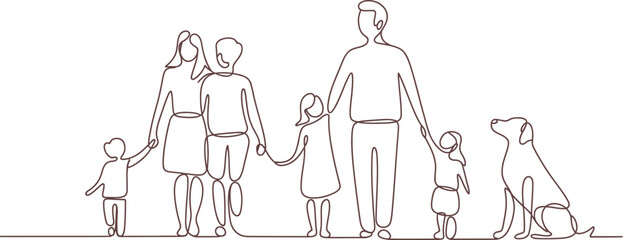Continuous line drawing of a happy family with children and pet dog, minimalist family silhouette vector, simple outline of parents and kids walking