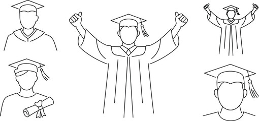 Obraz premium Graduation line art icons set, student avatars in mortarboard caps and gowns, celebrating graduates with diploma scroll vector illustrations