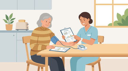 Fototapeta premium Nurse checks senior woman's blood pressure at home health care