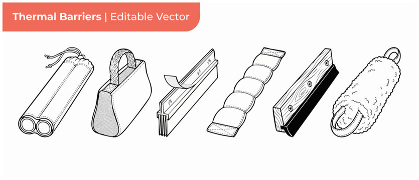 Draft stopper weather stripping vector icons set of thermal barriers, door sweeps, window insulation seals, and draft dodgers line art drawings for home energy efficiency and DIY winter weatherization