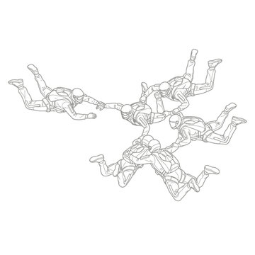 Group of skydivers in formation during freefall line art
