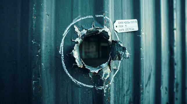 Damaged green metal door with broken lock collecting evidence for detective concepts