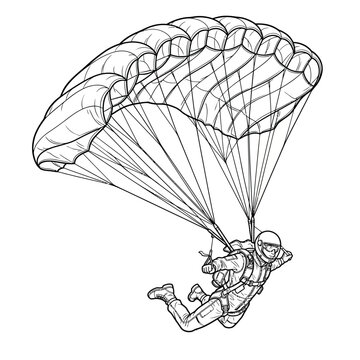 Skydiver in mid-air with deployed parachute coloring page