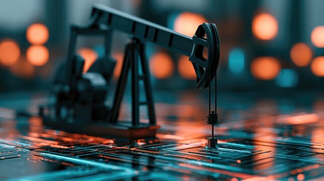 Oil Pumpjack Miniature Model on Futuristic Circuit Board with Bokeh Lights.