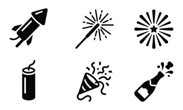 Black icons for party and celebration symbols in flat style isolated on white background