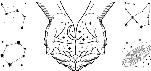 Mystical celestial hands holding moon and stars vector, esoteric astrology constellations and galaxy icons, occult line art for tarot and magic © yamin678