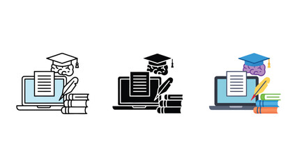 Obraz premium Digital education and knowledge acquisition concept with a laptop brain graduation cap document quill pen and stacked books illustration