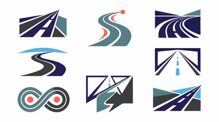 Fototapeta premium Collection of Seven Abstract Road and Path Logos, Vector Graphics Featuring Infinity Symbol, Infinity Road, Swirling Paths, and Infinity Loop Designs with Copy Space