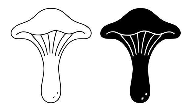 Minimalist ghost mushroom icon, black and white in outline and silhouette design