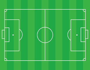グリーンのストライプの芝生に白いラインが引かれた真上から見たシンプルなサッカーコートのイラスト素材 © Sa