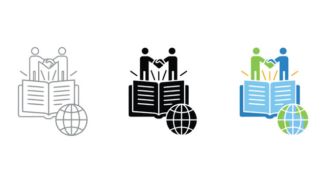 Global knowledge sharing and educational partnership concept showing a handshake over an open book and world globe