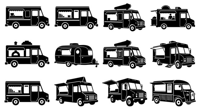 Food Truck Silhouette Vector Set Featuring Various Street Food Vending Vehicles