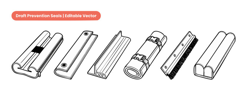 Door draft stopper vector set of weatherstripping seals and insulated bottom sweep line icons for energy efficiency, home insulation, draft prevention accessories, and climate control illustration.