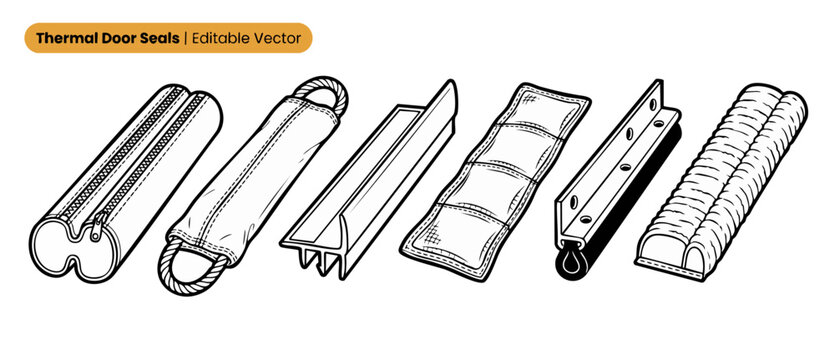 Thermal door seals vector set showing weatherstripping draft stoppers for home energy insulation and winterizing, featuring various line art designs of under door bottom sweep and foam insulation.