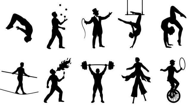 Circus Performer Silhouette Collection Featuring Acrobat Juggler and Stunt Artist