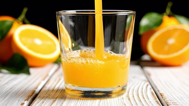 Orange juice pouring into a glass mug on a wooden table