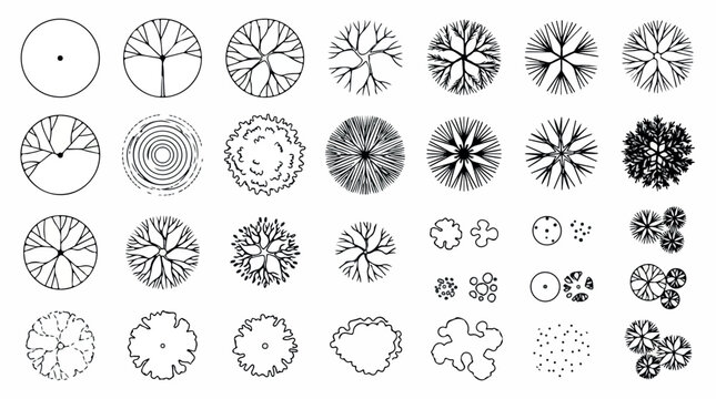 Architectural tree symbols for landscape design, 28 top view plant icons for site planning, black and white garden masterplan vector elements
