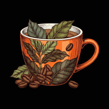 A vibrant orange coffee cup with coffee beans and leaves on a black background.