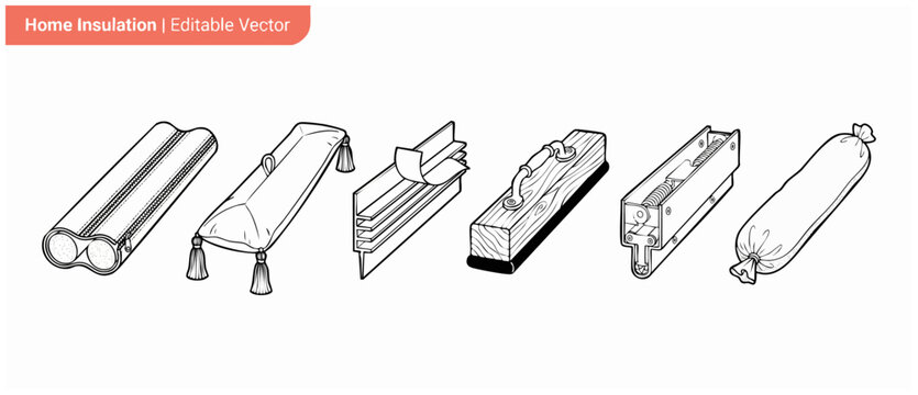 Door draft stopper vector icons and weather stripping seal set for home insulation, energy saving, weatherization, and blocking cold breeze wind under doors in clean black and white line art concepts.