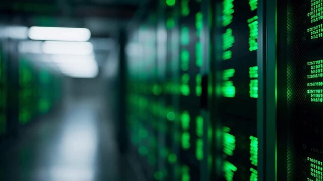Rows of server racks with glowing green lights