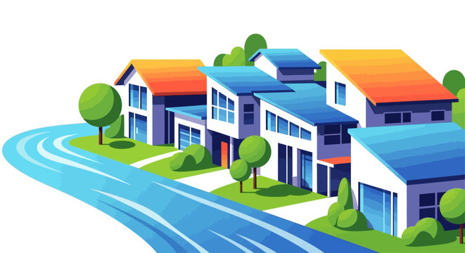 Colorful illustration of suburban neighborhood homes.