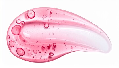 Fototapeta premium Pink hyaluronic acid serum drop with bubbles, close-up of cosmetic gel essence, skincare product texture
