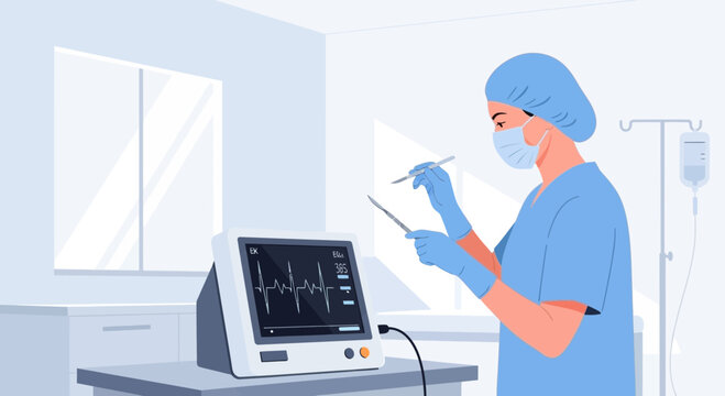 Doctor monitoring patient vital signs on ECG machine in hospital room
