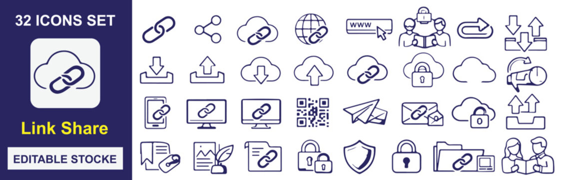 Link Share and Cloud Storage Vector Icons Set &ndash; File Sharing, URL Management and Secure Data Transfer Outline Symbols Collection