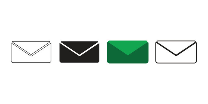 Minimalist envelope icon set in vector format, flat mail and email symbols for digital communication, black and green message icons for website interface and mobile app notification design