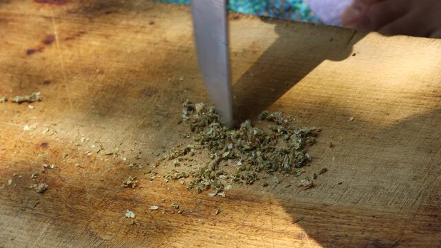 Marrakesh, Morocco - 20 June 2026: Hands chopping dried cannabis with a knife on a wooden board
