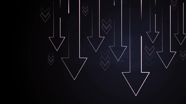 Abstract background with many arrows pointing down showing decline decrease and negative trend animation