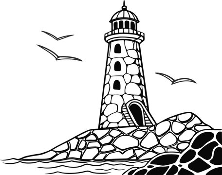 Lighthouse Vector Illustration - Mosaic Rock Pattern with Seagulls for Tattoo, Logo, Coloring Book, Wall Art