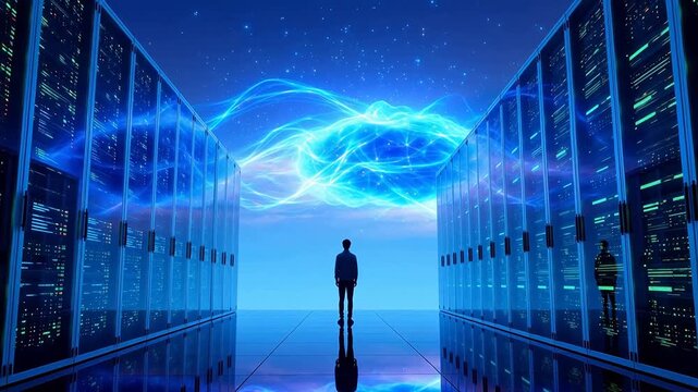 Person standing in server room with digital cloud