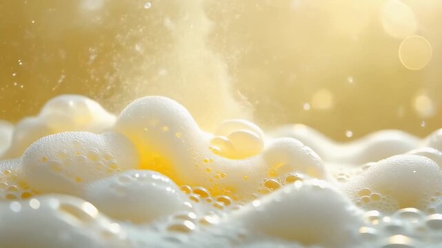 Creamy White and Pale Yellow Foam Particles Gently Bubbling and Rising, Macro Shot of Frothy Liquid Texture