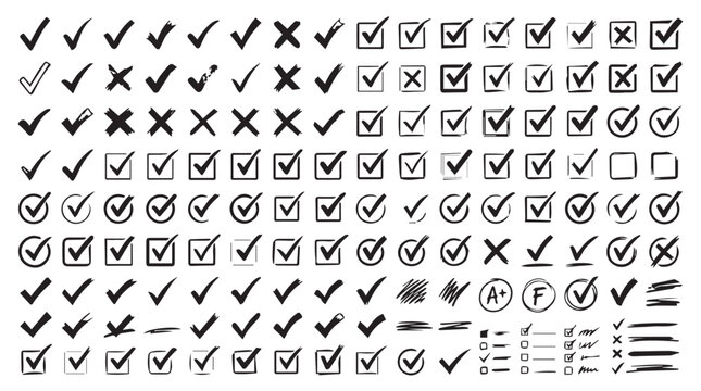 Hand Drawn Grunge Check Marks and Checkbox Doodle Vector Set