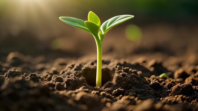 Cinematic Time-lapse of Green Sprout Growing from Dark Soil under Soft Sunlight, Full HD Motion Background