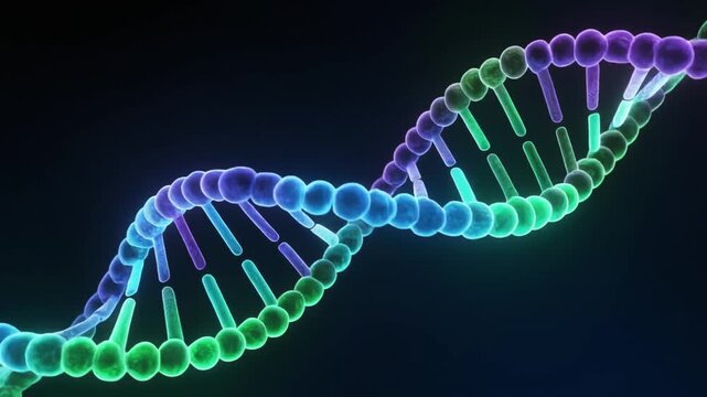 Stylized Visualization of Glowing DNA Double Helix Rotating in Dark Space, Science and Technology Motion Background