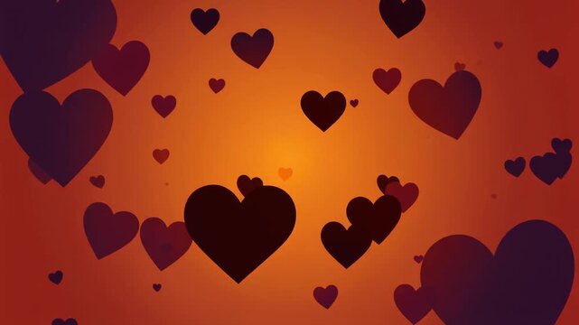 Silhouette of Heart Shapes Floating across Warm Sunset Gradient Background, Romantic Motion Graphics for Love and Wedding