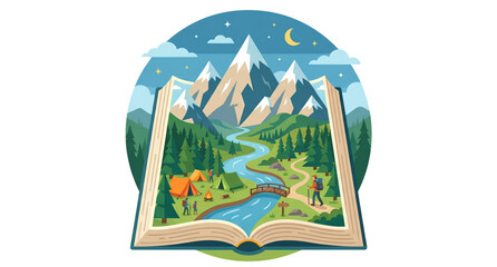 Obraz premium Adventure Book Portal with Mountain Wilderness, River Valley and Camping Equipment Vector Illustration