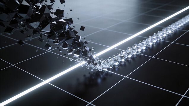 Abstract 3D render showing a stream of dark geometric shards transforming into clear glowing spheres along a bright neon line on a dark grid floor, representing data transition.