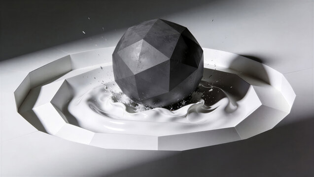 Minimalist abstract 3D artwork of a dark faceted geometric sphere splashing into a smooth white liquid or layered stepped structure with dynamic droplets, representing impact.