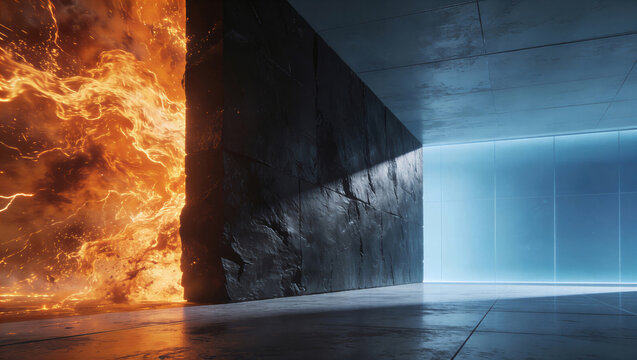 Futuristic interior split by a rough black stone wall, showing an explosive blazing fire on one side and a calm cool blue-lit modern room on the other, symbolizing contrast.
