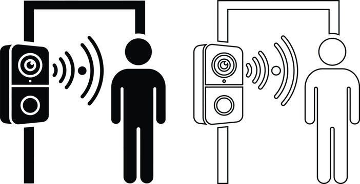 Vector icon set of a smart video doorbell camera detecting a visitor at the entrance, representing wireless home security surveillance and motion sensor intercom technology.