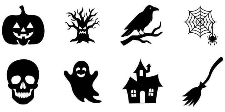 Halloween black silhouette icons set. Spooky stencil vector elements of jack-o-lantern pumpkin, haunted house, skull, ghost, and spider web isolated on white