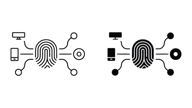 Digital identity and biometric security icon set featuring fingerprint and device connectivity symbols in professional flat vector style for cybersecurity and user authentication technology concepts