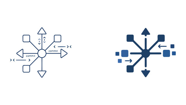 Software version control and git commit branching process icon set showing central repository connected to multiple nodes in clean flat vector style for collaborative coding and development