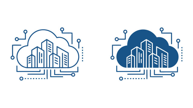 Cloud city infrastructure icon representing smart urban planning and digital urban network connectivity in modern linear and solid vector design styles for technology and smart city concept