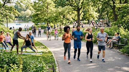 Obraz premium Diverse Group Jogging and Exercising in Sunny City Park